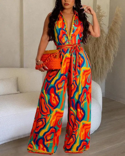 Time For Vacation Tropical Jumpsuit| Orange/combo