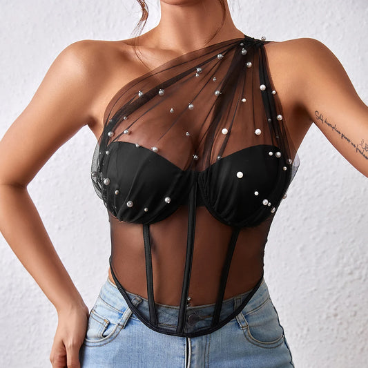 See Right Through You Mesh Shoulder Top| Black